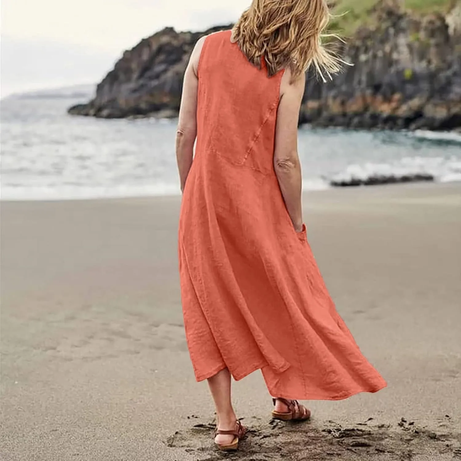 Sleeveless Dress for Women Casual Cute Maxi Sundresses Midi Length Plain Plus Size Linen House Tank Dresses with Pockets