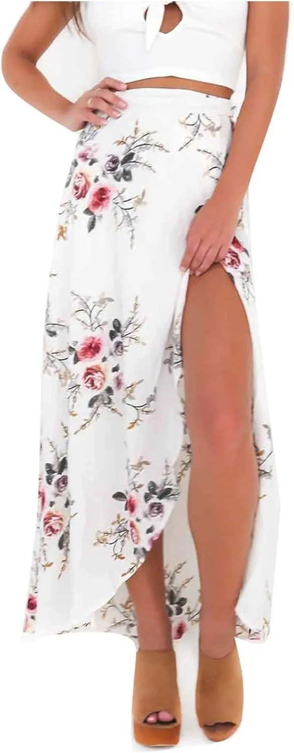 Slit Skirt for Women Floral Boho Long Skirts Tie Up Waist Summer Beach Wrap Cover Up Maxi Skirt Sexy Holiday Party Dresses