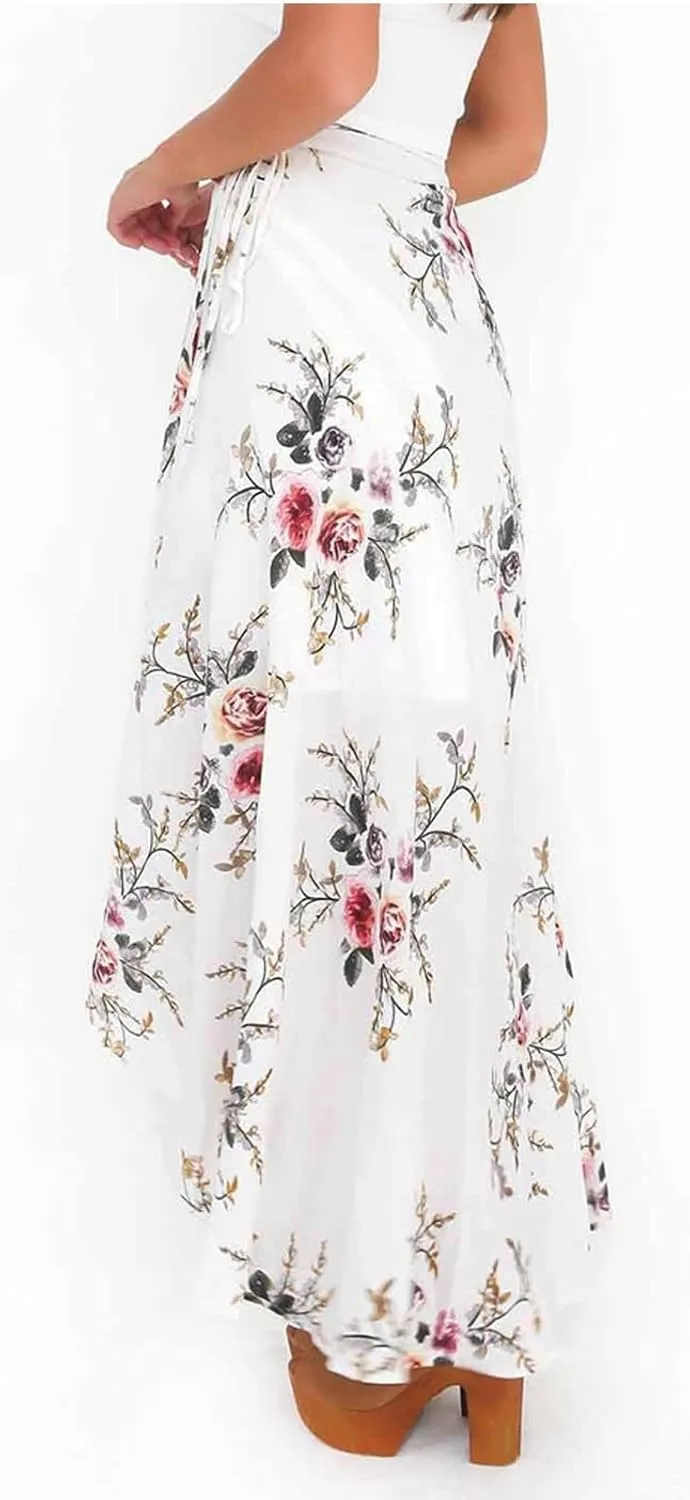 Slit Skirt for Women Floral Boho Long Skirts Tie Up Waist Summer Beach Wrap Cover Up Maxi Skirt Sexy Holiday Party Dresses