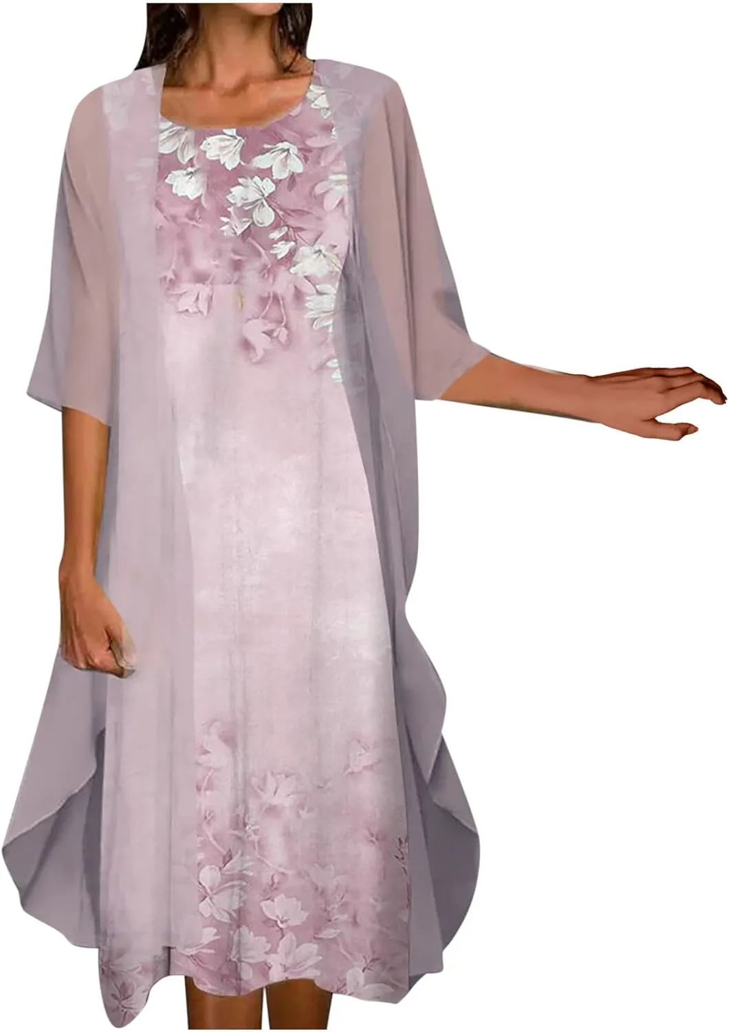 SMIDOW Womens Two Piece Outfits Set Floral Print Midi Dress with Cardigan Elegant Casual Spring Dresses 2024