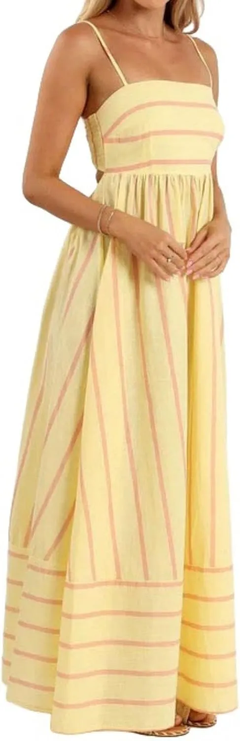 Smocked Dress Women Midi Striped Summer Maxi Dresses Sexy Spaghetti Strap Sleeveless Flowy Swing Boho Cutout Beach