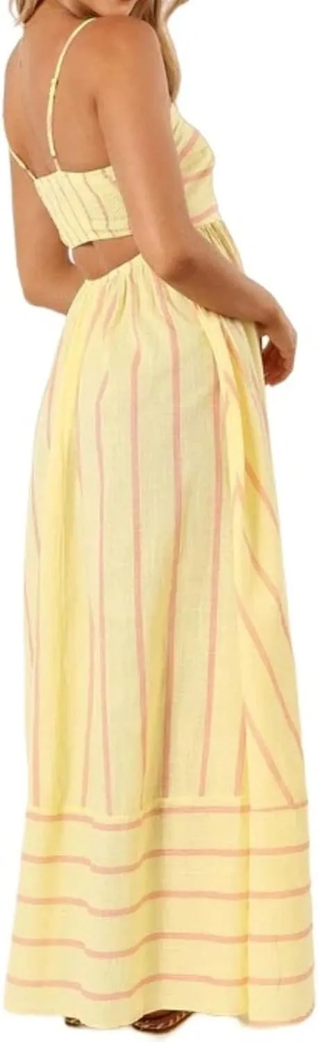 Smocked Dress Women Midi Striped Summer Maxi Dresses Sexy Spaghetti Strap Sleeveless Flowy Swing Boho Cutout Beach