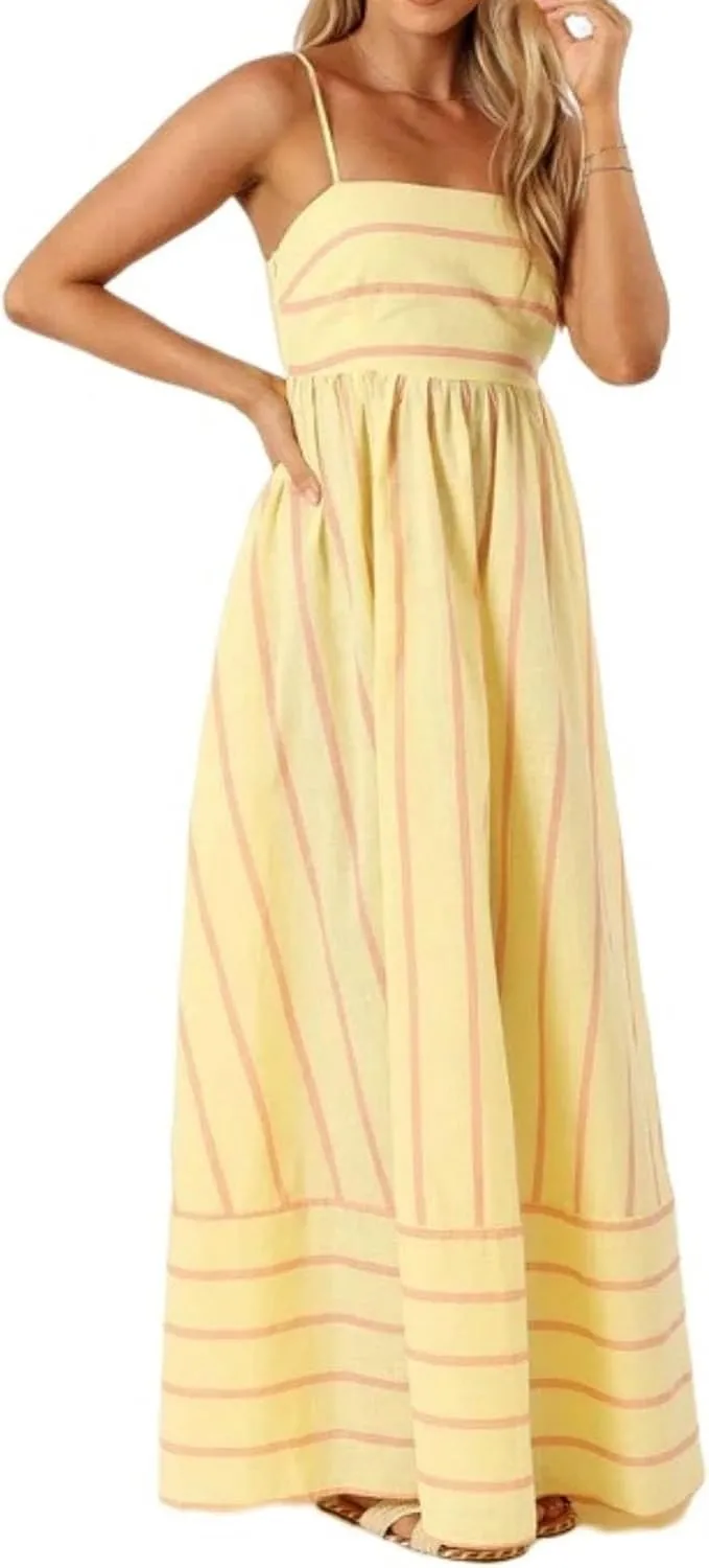 Smocked Dress Women Midi Striped Summer Maxi Dresses Sexy Spaghetti Strap Sleeveless Flowy Swing Boho Cutout Beach