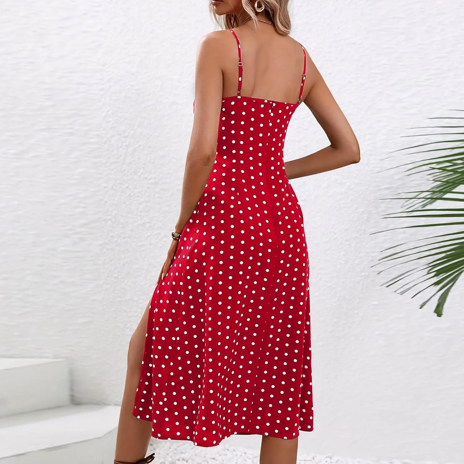 Spaghetti Strap Dresses for Women 2024 Summer Sexy Sundresses Polka Dot Print Midi Dress Side Split Boho Dresses