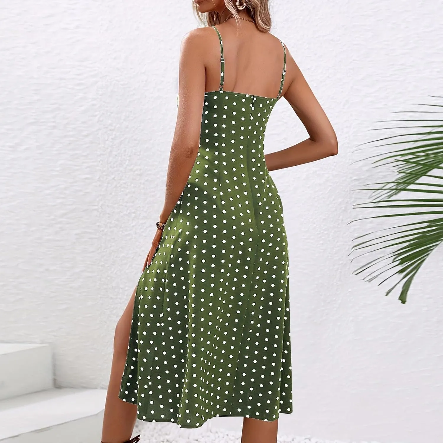 Spaghetti Strap Sundresses for Women 2025 Summer Side Slit Polka Dot Midi Dress Sexy Comfy Bodycon A Line Beach Dress