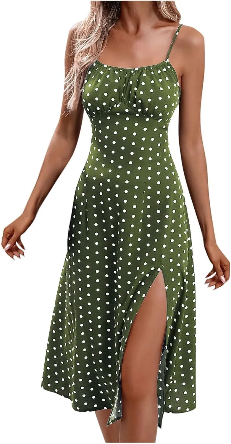 Spaghetti Strap Sundresses for Women 2025 Summer Side Slit Polka Dot Midi Dress Sexy Comfy Bodycon A Line Beach Dress