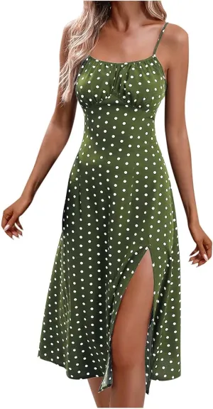 Spaghetti Strap Sundresses for Women 2025 Summer Side Slit Polka Dot Midi Dress Sexy Comfy Bodycon A Line Beach Dress
