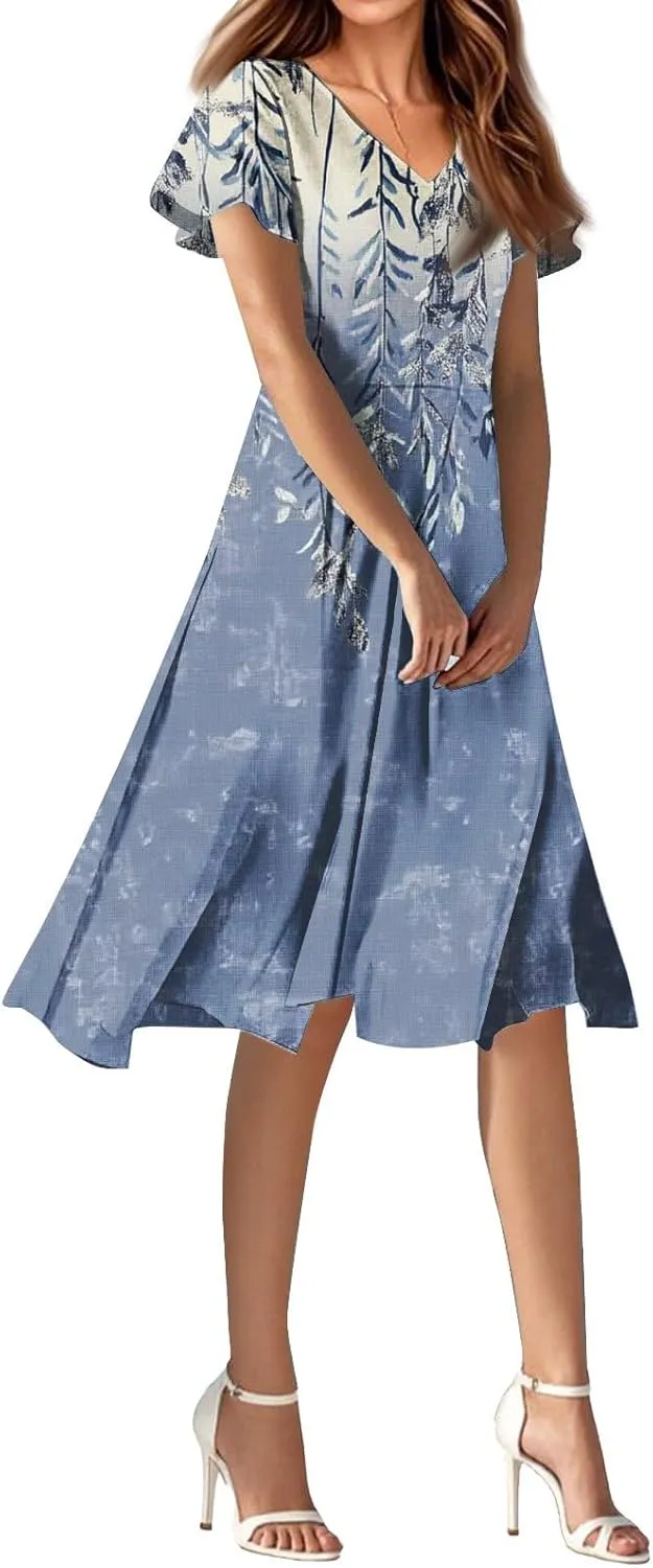 Spring Boho Dresses for Women 2025Semi Formales for Wedding Guest,Chiffon Midi Dress Below The Knee Length Dressess