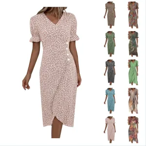Spring Dresses for Women 2024, Summer Elegant Wrap V Neck Puff Sleeve Boho Print Sundresses Slim Hawaiian Irregular Hem Dress