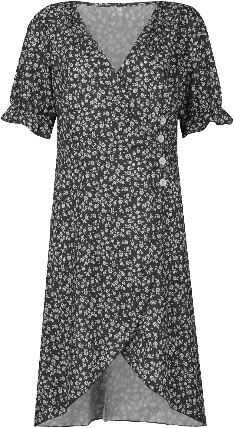 Spring Dresses for Women 2024, Summer Elegant Wrap V Neck Puff Sleeve Boho Print Sundresses Slim Hawaiian Irregular Hem Dress