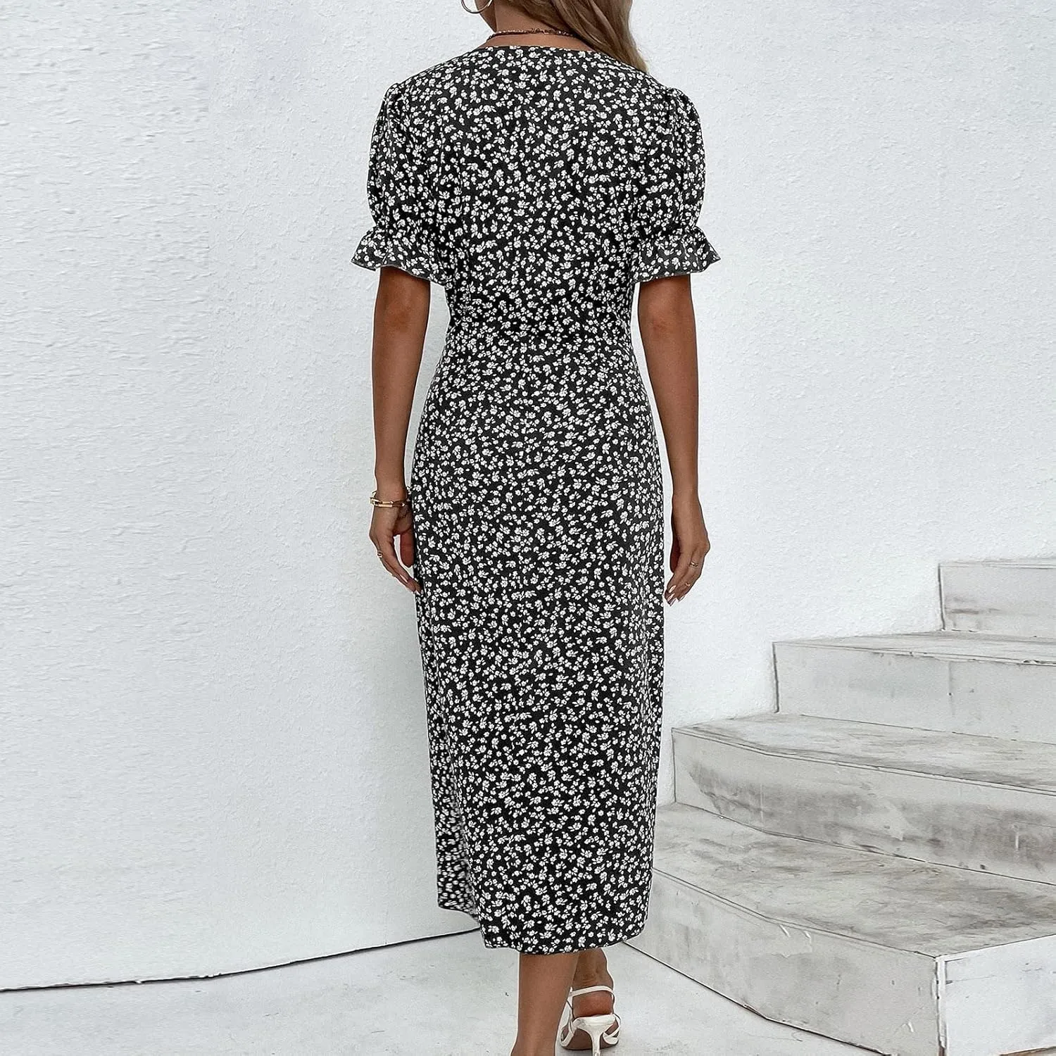 Spring Dresses for Women 2024, Summer Elegant Wrap V Neck Puff Sleeve Boho Print Sundresses Slim Hawaiian Irregular Hem Dress