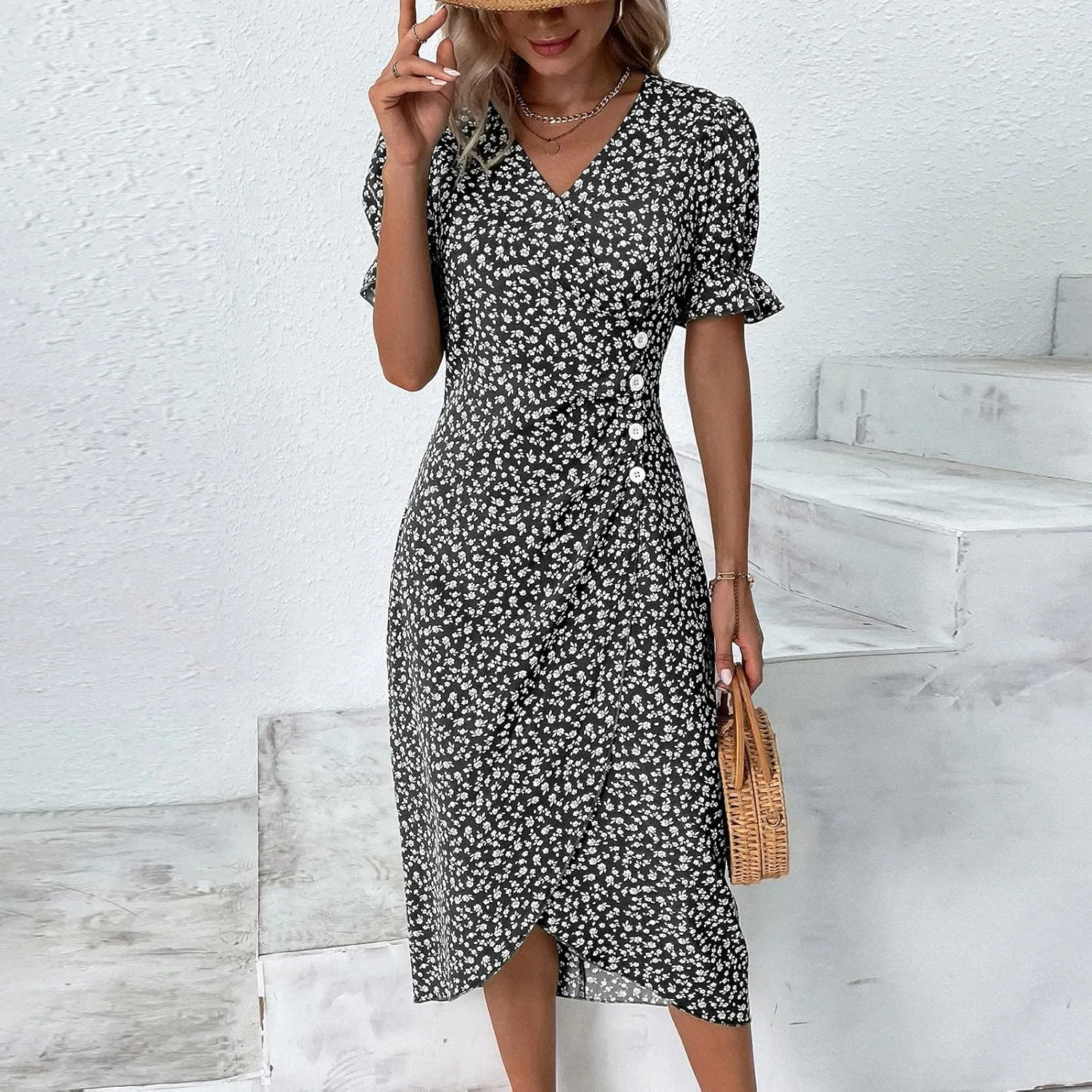 Spring Dresses for Women 2024, Summer Elegant Wrap V Neck Puff Sleeve Boho Print Sundresses Slim Hawaiian Irregular Hem Dress