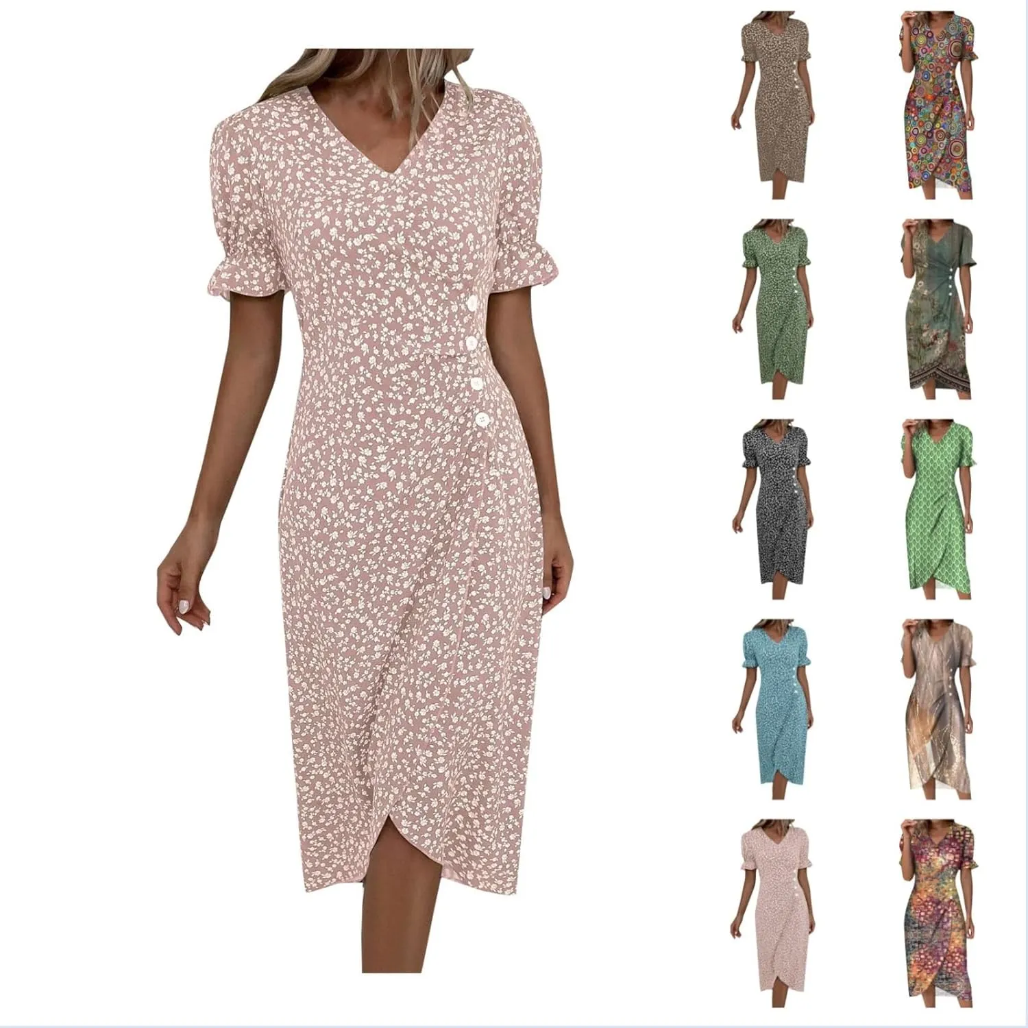 Spring Dresses for Women 2024, Summer Elegant Wrap V Neck Puff Sleeve Boho Print Sundresses Slim Hawaiian Irregular Hem Dress