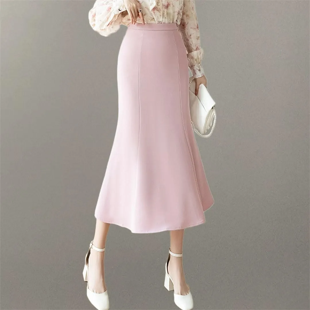 Spring Summer Women Midi Long Skirts Elegant Wrap Hip Draped A-Line Mermaid Skirts Office Waist OL Skirts