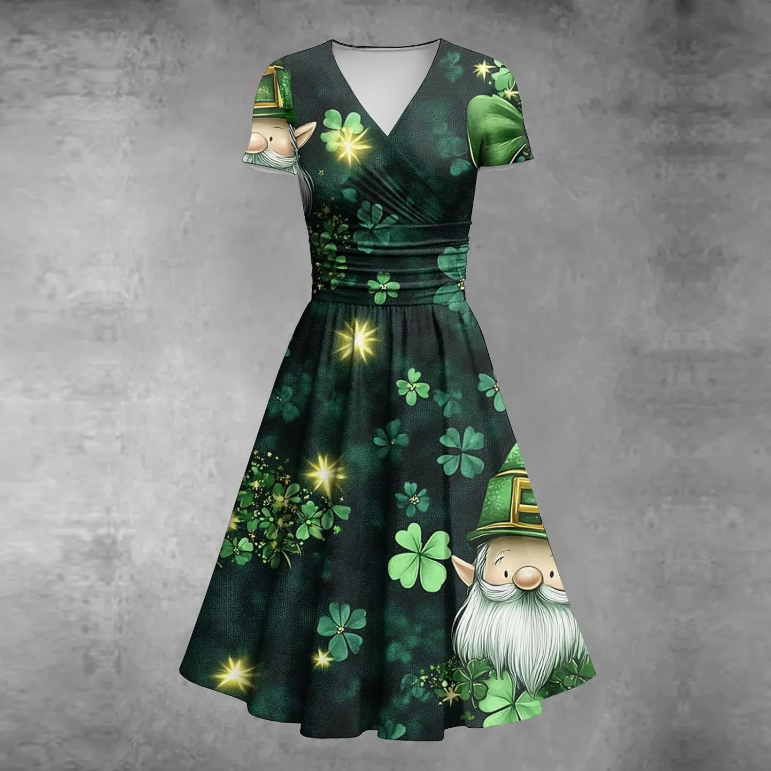 St Patrick's Day Dress Ladies Loose Short Sleeve V Neck Princess Pulled Ruffle Waist Drawstring Shamrock Print Dresses