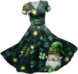 St Patrick's Day Dress Ladies Loose Short Sleeve V Neck Princess Pulled Ruffle Waist Drawstring Shamrock Print Dresses