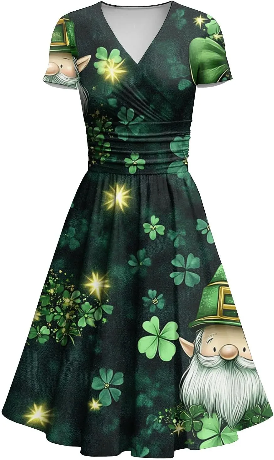 St Patrick's Day Dress Ladies Loose Short Sleeve V Neck Princess Pulled Ruffle Waist Drawstring Shamrock Print Dresses