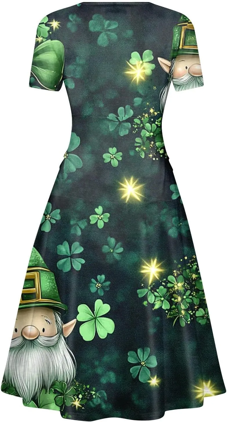 St Patrick's Day Dress Ladies Loose Short Sleeve V Neck Princess Pulled Ruffle Waist Drawstring Shamrock Print Dresses