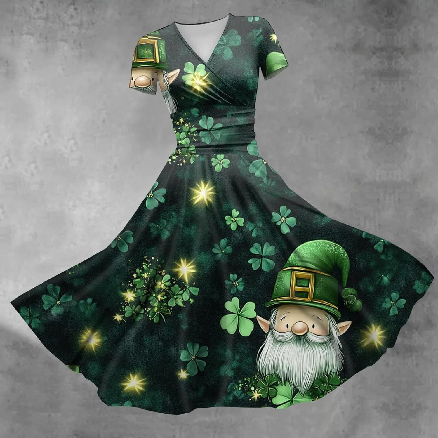 St Patrick's Day Dress Ladies Loose Short Sleeve V Neck Princess Pulled Ruffle Waist Drawstring Shamrock Print Dresses