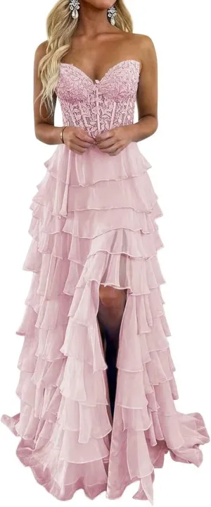 Strapless Lace Appliques Prom Dresses for Women Sweetheart A Line Long Tiered Chiffon Evening Party Gowns with Slit