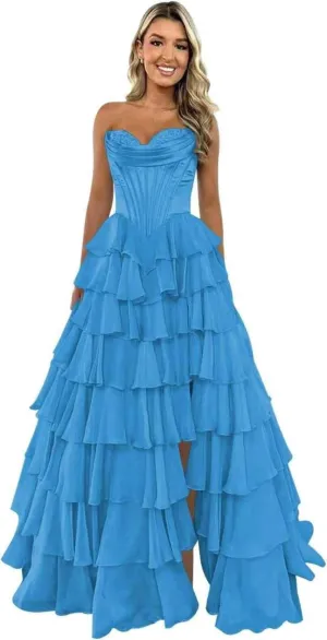Strapless Prom Dresses for Women Corset Long Formal Dress with Slit Chiffon Tiered Evening Gown