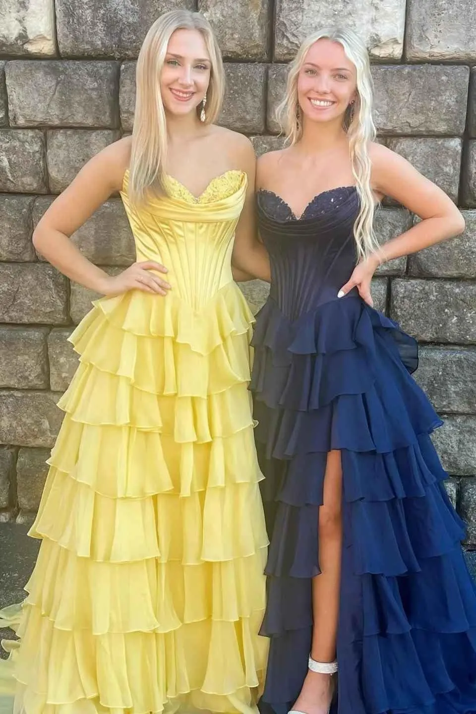 Strapless Prom Dresses for Women Corset Long Formal Dress with Slit Chiffon Tiered Evening Gown