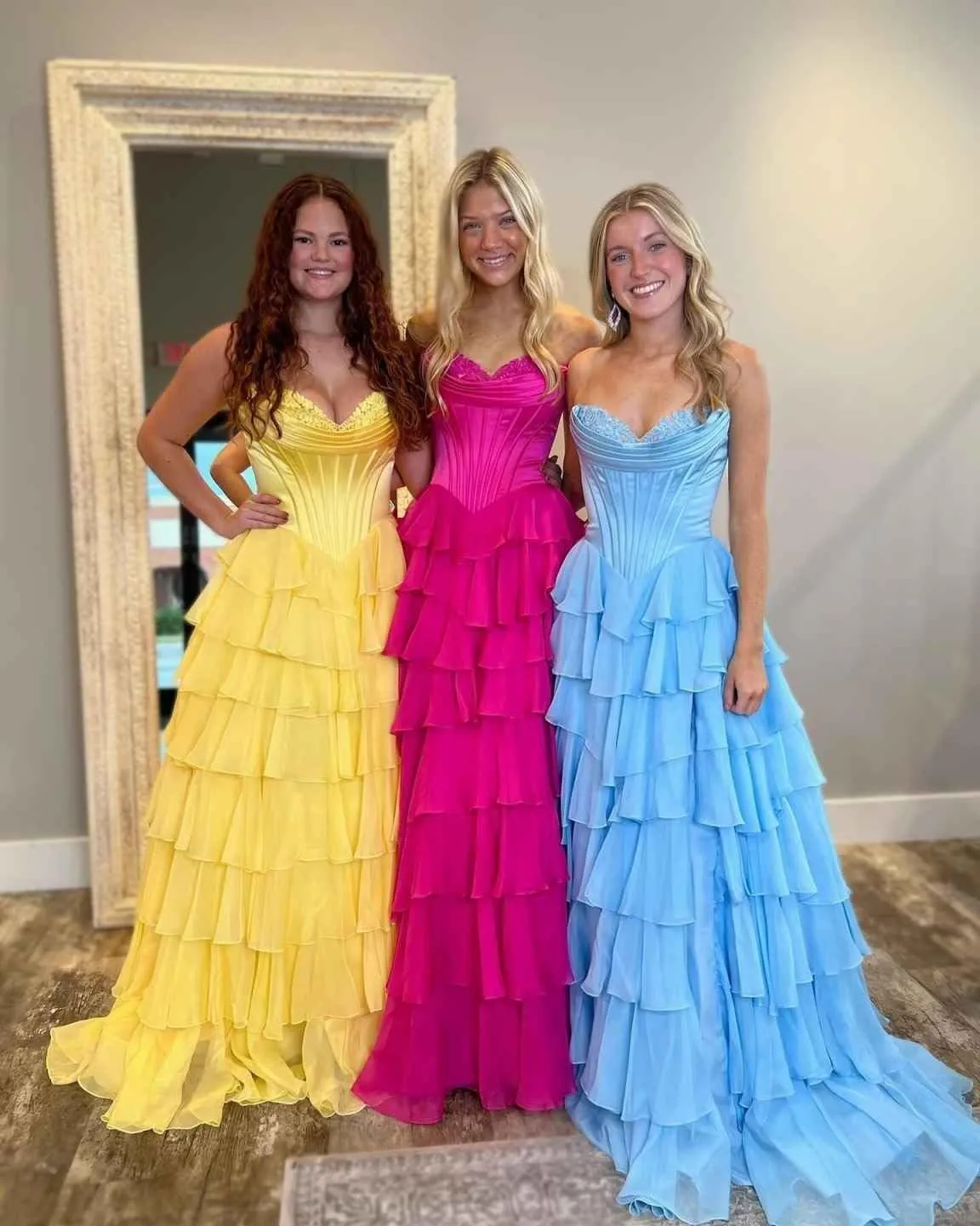 Strapless Prom Dresses for Women Corset Long Formal Dress with Slit Chiffon Tiered Evening Gown