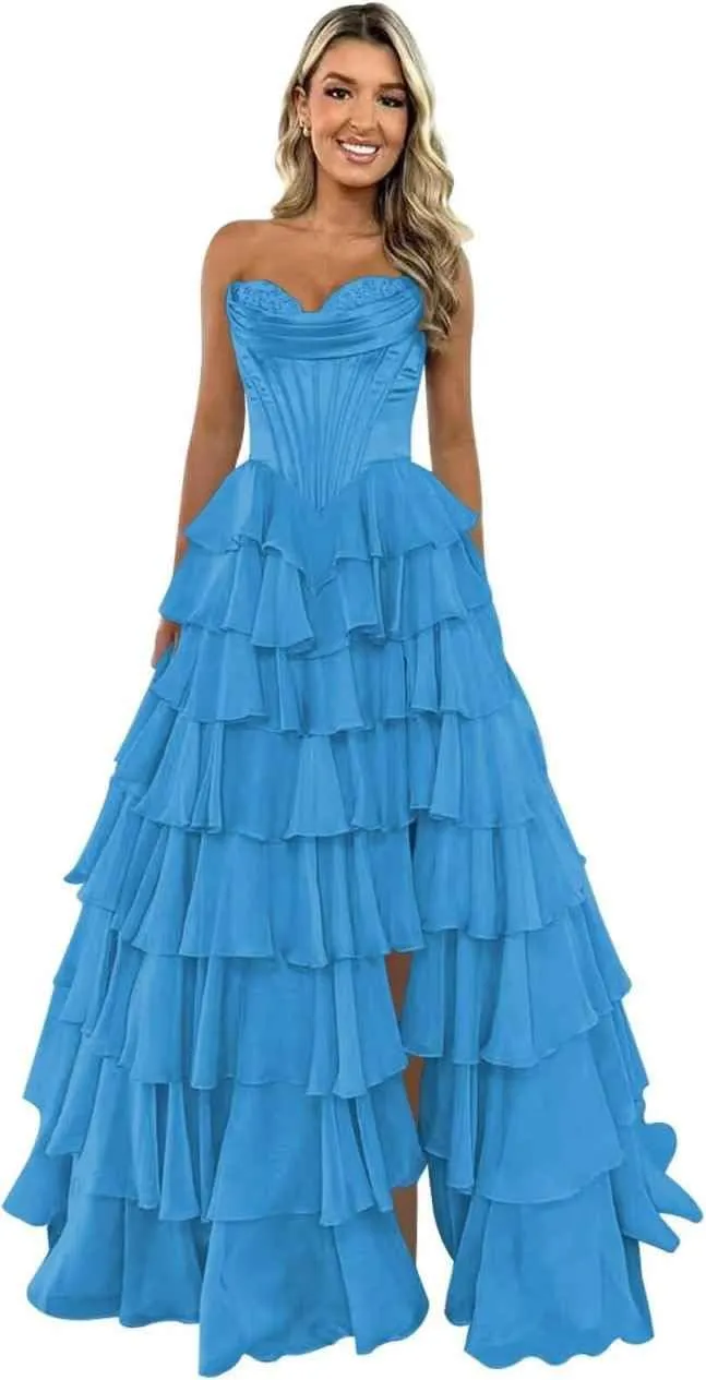 Strapless Prom Dresses for Women Corset Long Formal Dress with Slit Chiffon Tiered Evening Gown
