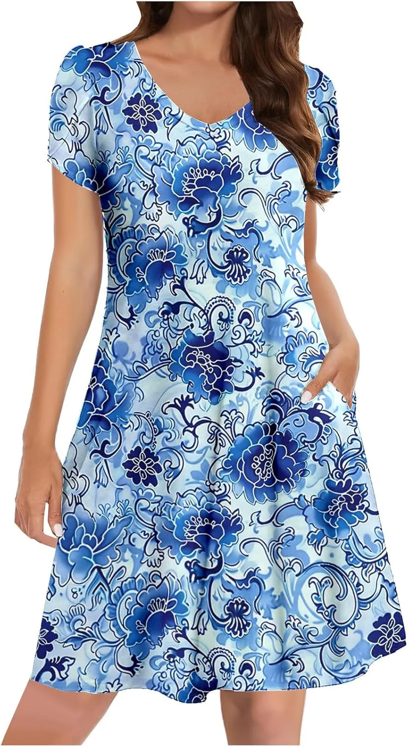 Summer Beach Dresses for Women Short Sleeve Floral Beach Dress V Neck Ruffle Dress Business Casual Outfits