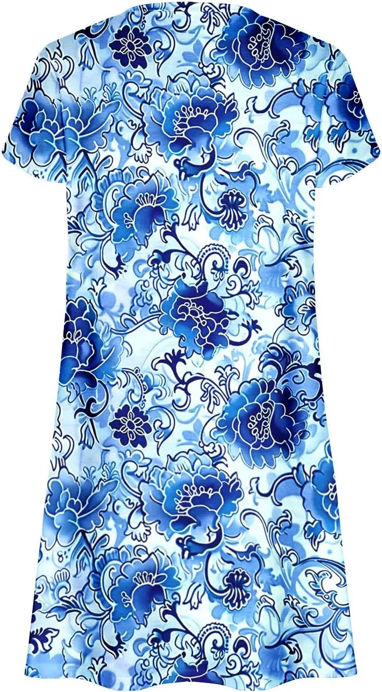 Summer Beach Dresses for Women Short Sleeve Floral Beach Dress V Neck Ruffle Dress Business Casual Outfits