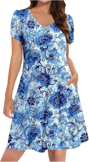 Summer Beach Dresses for Women Short Sleeve Floral Beach Dress V Neck Ruffle Dress Business Casual Outfits
