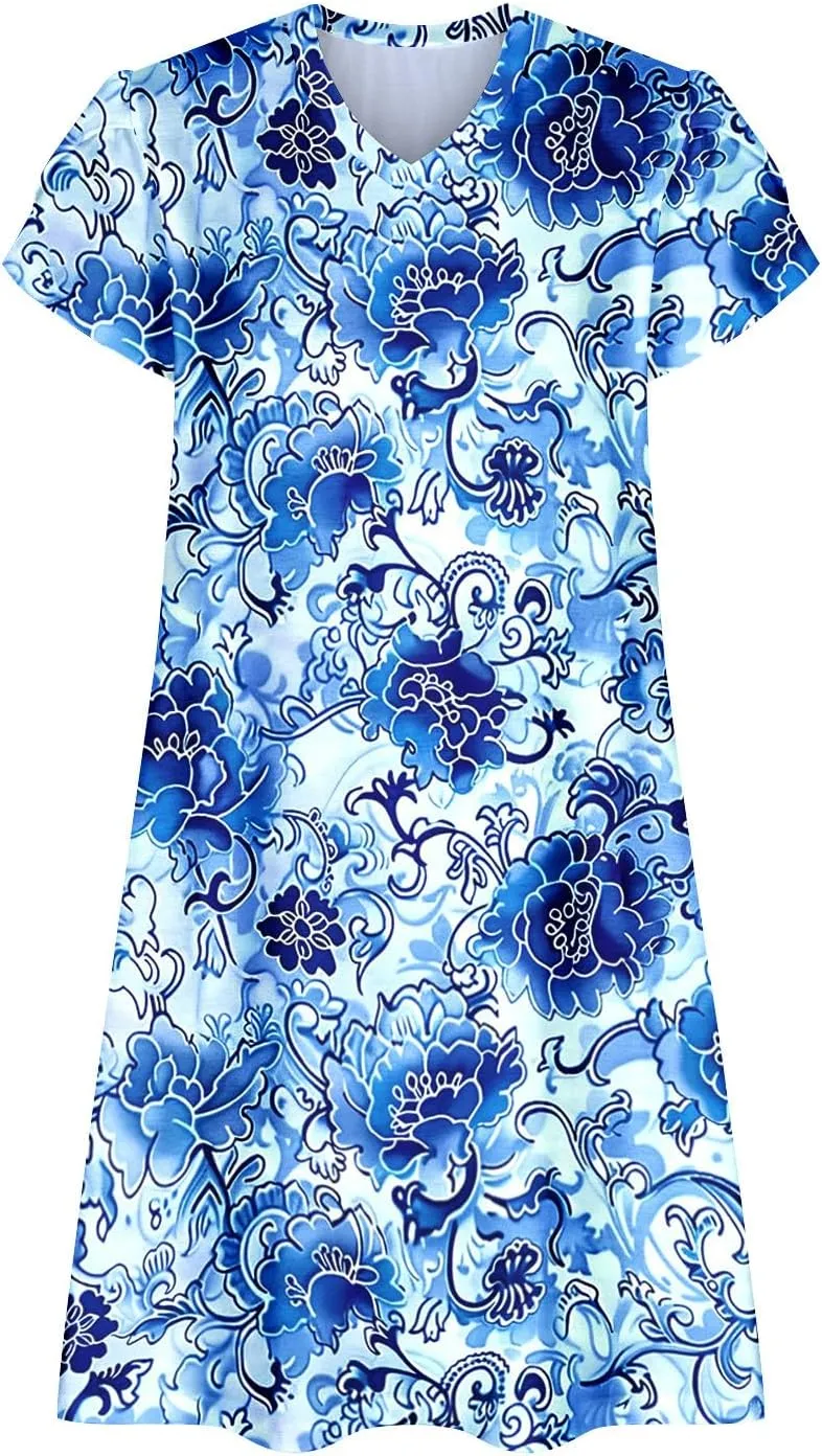 Summer Beach Dresses for Women Short Sleeve Floral Beach Dress V Neck Ruffle Dress Business Casual Outfits
