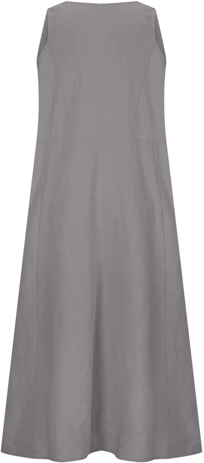 Summer Casual Linen Long Dresses Women Plus Size Loose Sleeveless Tank Dress Flowy Maxi Beach Sundress with Pockets