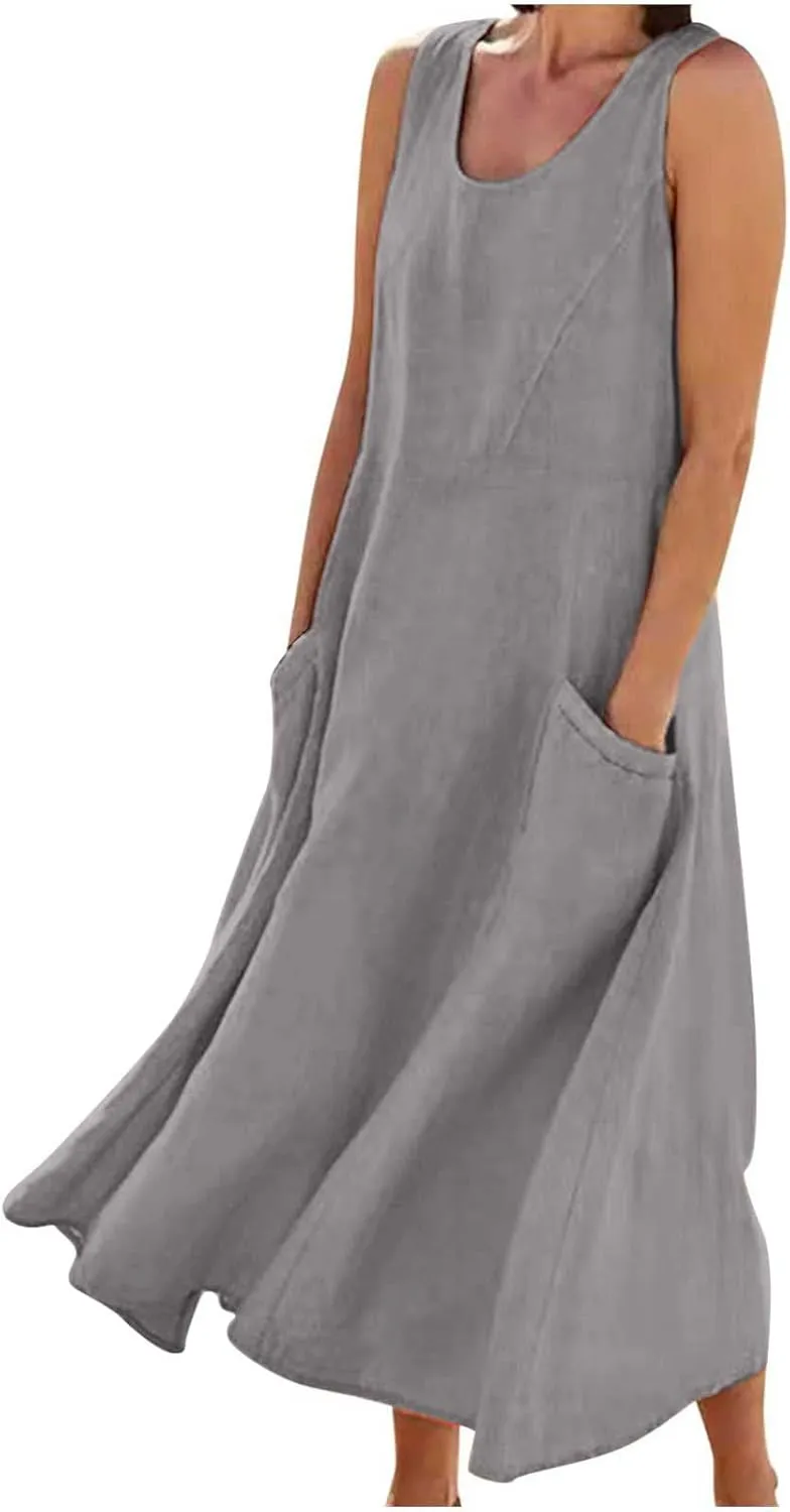 Summer Casual Linen Long Dresses Women Plus Size Loose Sleeveless Tank Dress Flowy Maxi Beach Sundress with Pockets