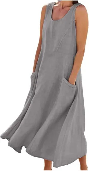 Summer Casual Linen Long Dresses Women Plus Size Loose Sleeveless Tank Dress Flowy Maxi Beach Sundress with Pockets