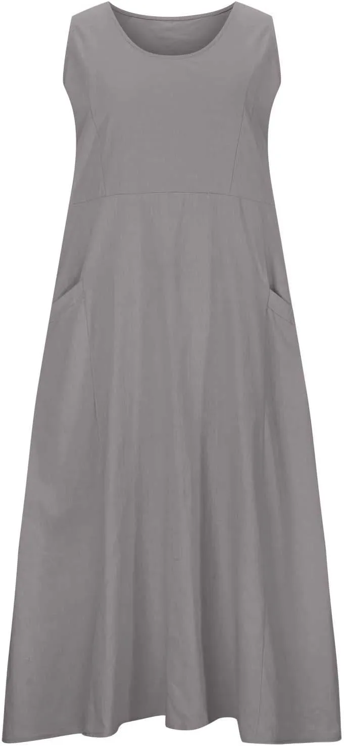 Summer Casual Linen Long Dresses Women Plus Size Loose Sleeveless Tank Dress Flowy Maxi Beach Sundress with Pockets