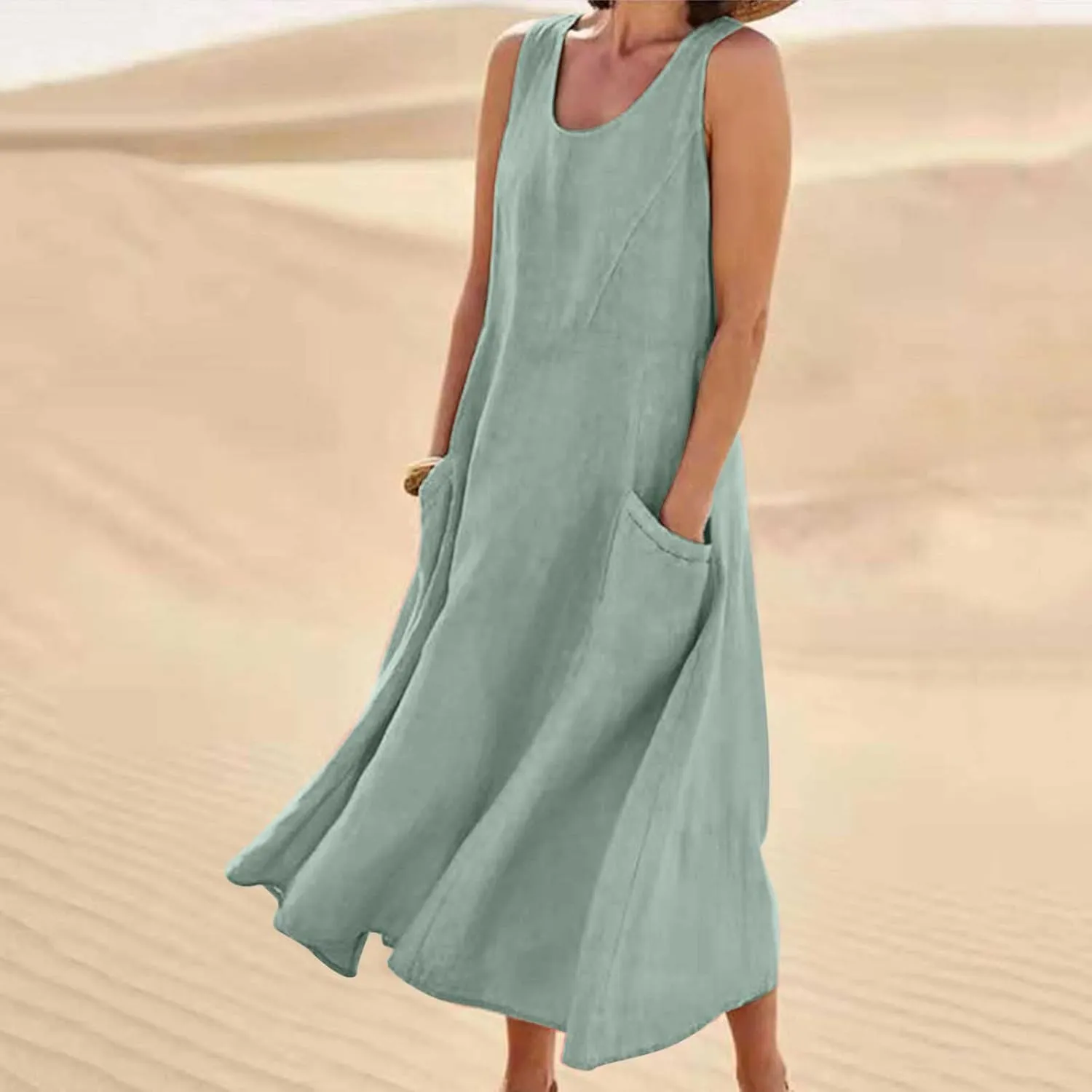 Summer Casual Linen Long Dresses Women Plus Size Loose Sleeveless Tank Dress Flowy Maxi Beach Sundress with Pockets