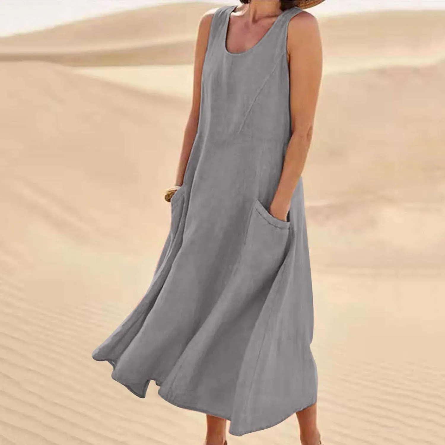 Summer Casual Linen Long Dresses Women Plus Size Loose Sleeveless Tank Dress Flowy Maxi Beach Sundress with Pockets