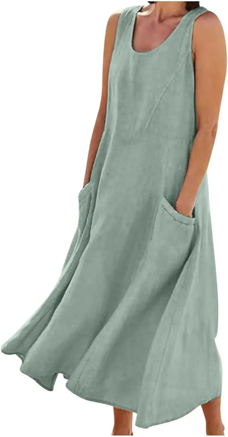 Summer Casual Linen Long Dresses Women Plus Size Loose Sleeveless Tank Dress Flowy Maxi Beach Sundress with Pockets