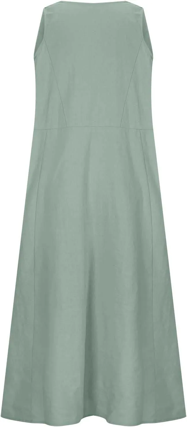 Summer Casual Linen Long Dresses Women Plus Size Loose Sleeveless Tank Dress Flowy Maxi Beach Sundress with Pockets