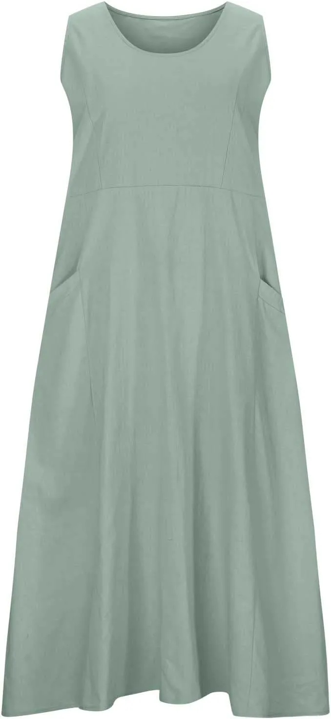 Summer Casual Linen Long Dresses Women Plus Size Loose Sleeveless Tank Dress Flowy Maxi Beach Sundress with Pockets