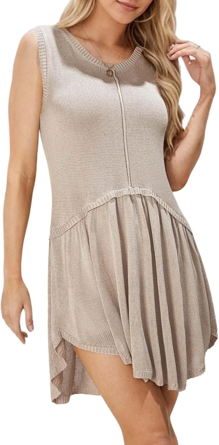 Summer Crew Neck Knit Smock Dresses for Women Plus Size Ruffle Mini Beach Dress