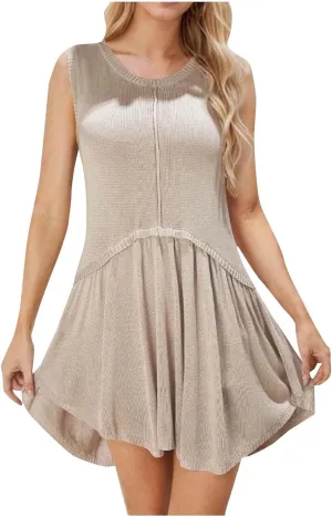 Summer Crew Neck Knit Smock Dresses for Women Plus Size Ruffle Mini Beach Dress