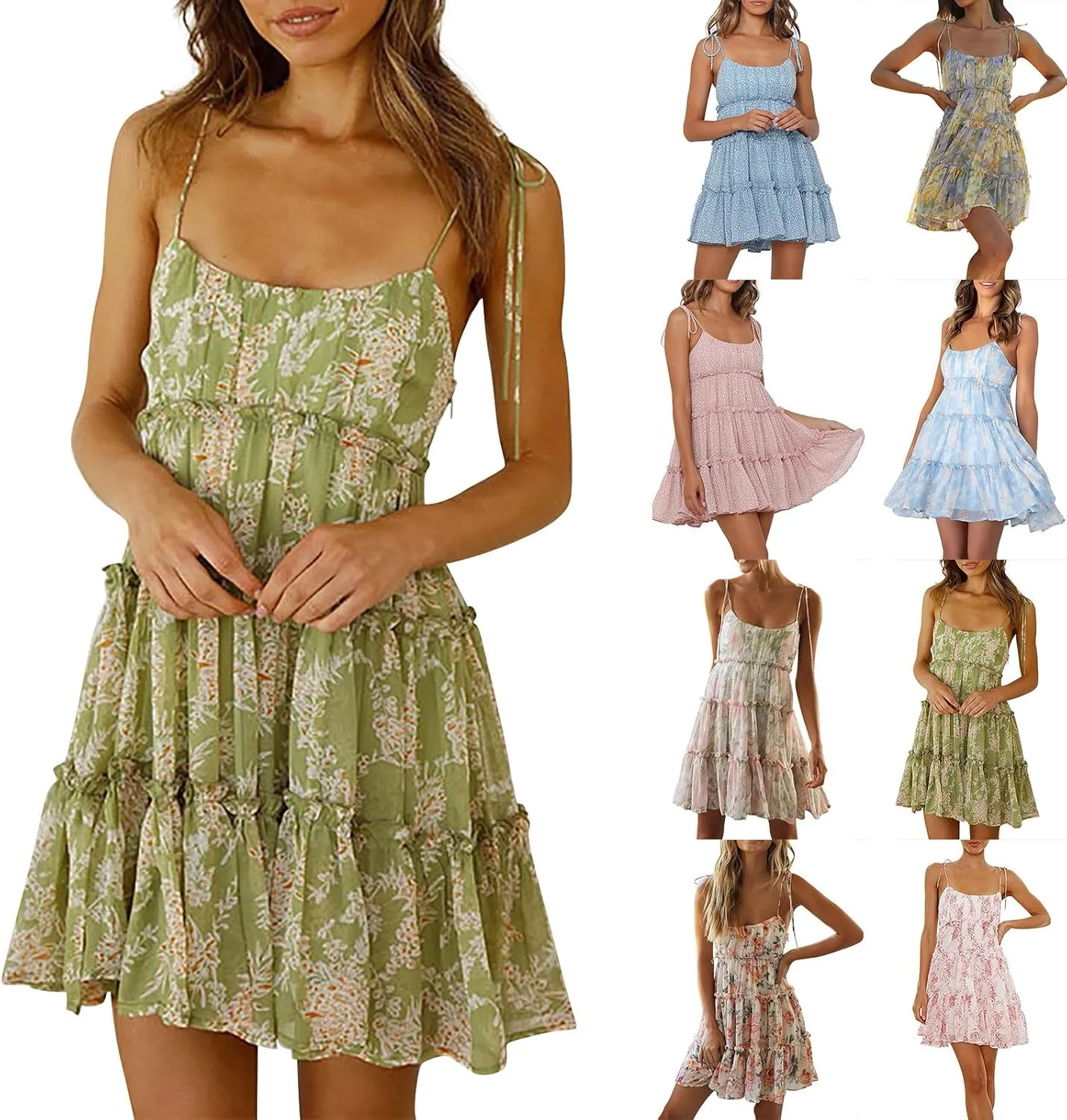 Summer Dresses for Teens 2025 Cute Spaghetti Strap Backless Floral Mini Dress Flowy Vacation Tiered Ruffle Sundress