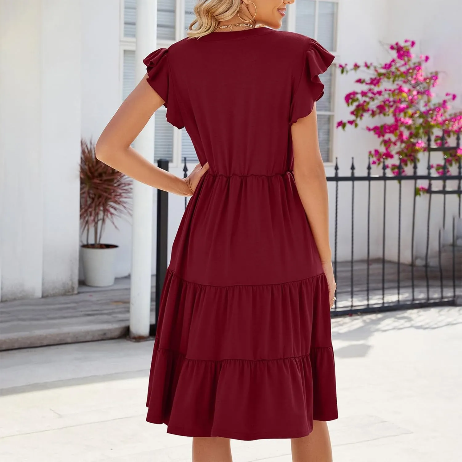 summer dresses for women 2024 casual comfy ruffle short sleeve knee length dresses Tiered v neck midi dresses