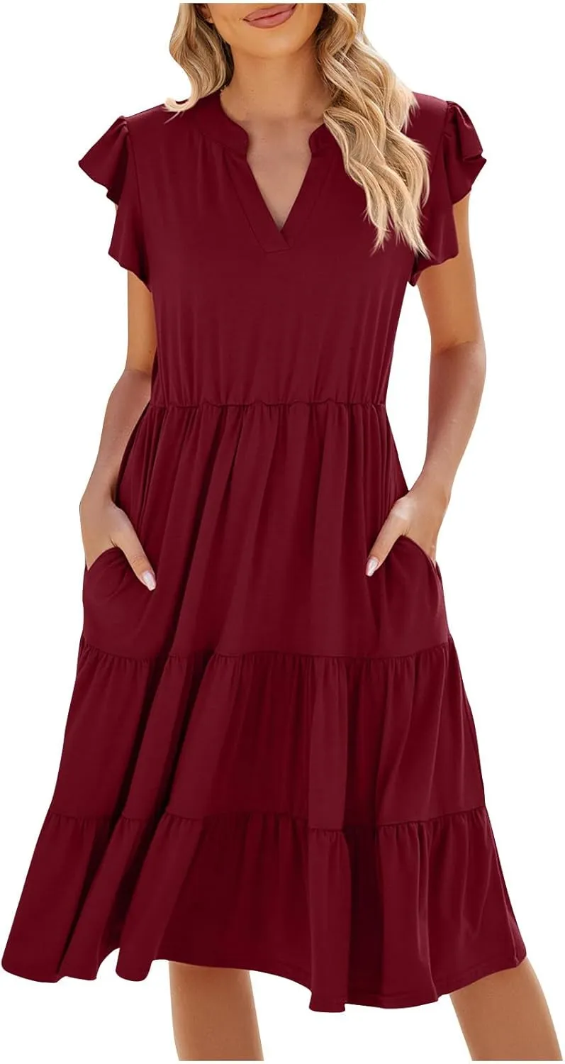 summer dresses for women 2024 casual comfy ruffle short sleeve knee length dresses Tiered v neck midi dresses