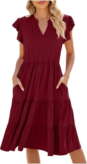summer dresses for women 2024 casual comfy ruffle short sleeve knee length dresses Tiered v neck midi dresses