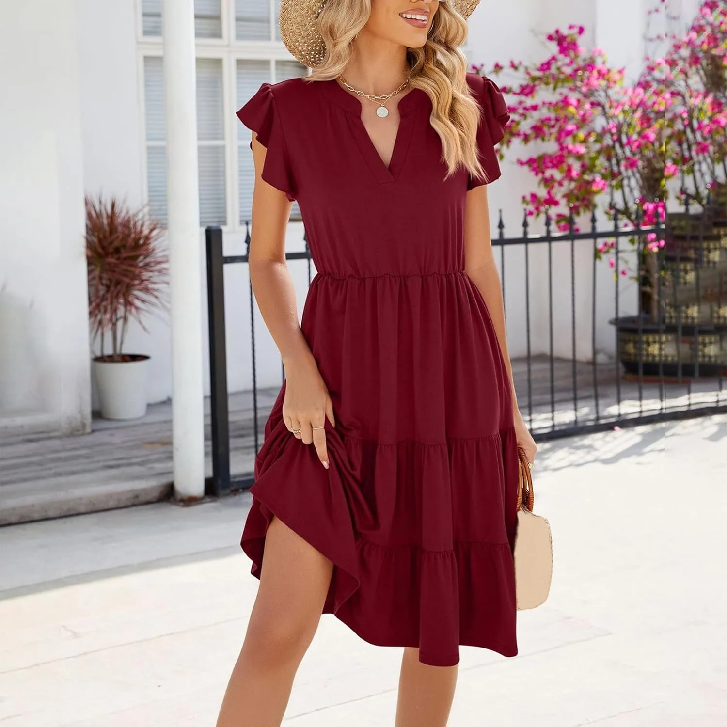 summer dresses for women 2024 casual comfy ruffle short sleeve knee length dresses Tiered v neck midi dresses