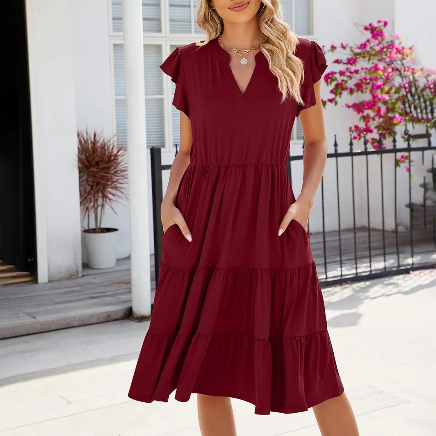 summer dresses for women 2024 casual comfy ruffle short sleeve knee length dresses Tiered v neck midi dresses