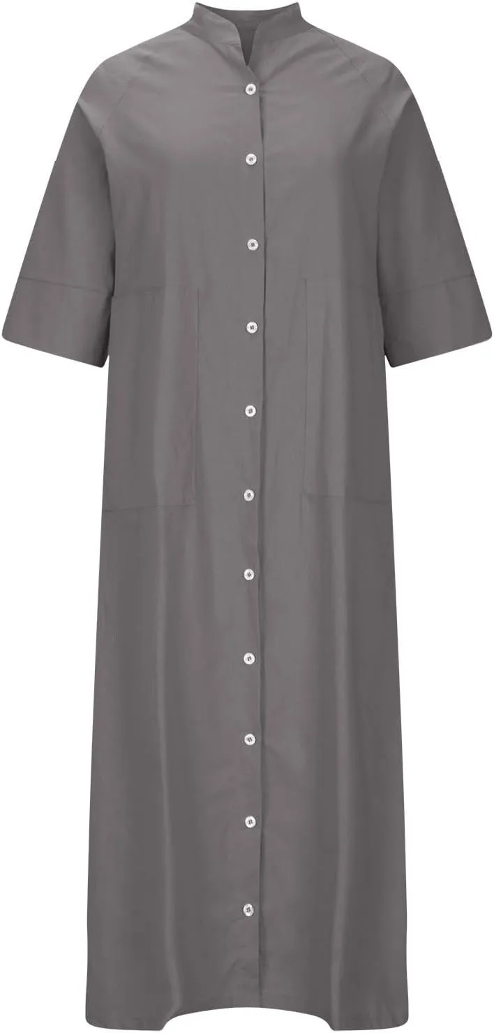 Summer Dresses for Women 2024 Plus Size Button Down Short Sleeve t Shirt Dresses Solid Midi Dresses with Pockets